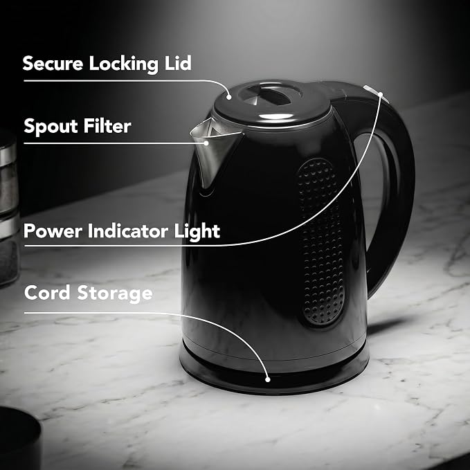 OVENTE 1.7L Double Wall Electric Tea Kettle, 1100W Water Boiler and Heater with Cool-Touch Exterior, Stainless Steel Insulated Interior, Auto Shut-Off, Boil-Dry Protection & Locking Lid, Black KD64B