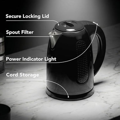 OVENTE 1.7L Double Wall Electric Tea Kettle, 1100W Water Boiler and Heater with Cool-Touch Exterior, Stainless Steel Insulated Interior, Auto Shut-Off, Boil-Dry Protection & Locking Lid, Black KD64B
