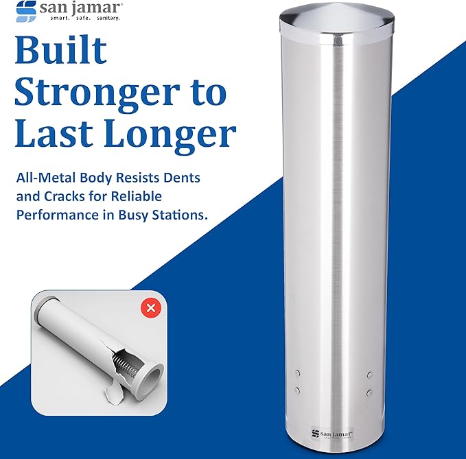 San Jamar Large Pull-Type Cup Dispenser 6-12 Oz. Flat Bottom Cups, 4.5 - 7 Oz Cone Cups with Flip Cap for Restaurants, Home, and Office, Stainless Steel, 16 Inches, Silver