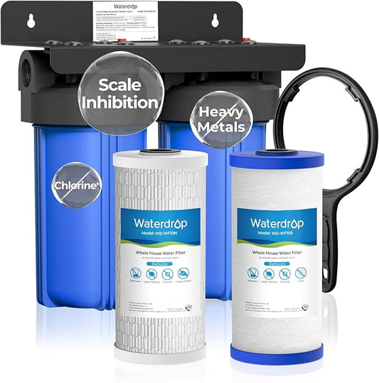 Waterdrop 2 Stage Whole House Water Filter System, with Heavy Metal and Anti-Scale Sediment Filter, Highly Reduce Iron, Scale, Lead, Chlorine, Taste, 7-Stage Filtration, WD-WHF21-SH, 1" Inlet/Outlet