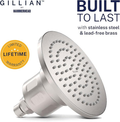 Gillian™ by HammerHead High Pressure Shower Head with Filter – Genuine KDF-55 Filtered Shower Head for Hard Water, Healthier Skin & Hair – Metal 6-Inch Rainfall Showerhead with Filters, Brushed Nickel