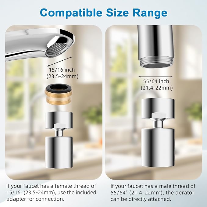 Hibbent NSF/ANSI/CAN 372 Certified 4 Modes Faucet Aerator, Chrome | 360° Swivel Faucet Extender, Sink Sprayer Attachment with Metal Adapter for Kitchen & Bathroom, 55/64'' Female Thread