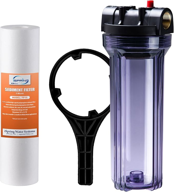 iSpring HC16 Whole House Transparent Water Filter Housing 10-Inch 3/4-Inch FNPT Inlet/Outlet with 1 x 5 Micron Sediment Filters