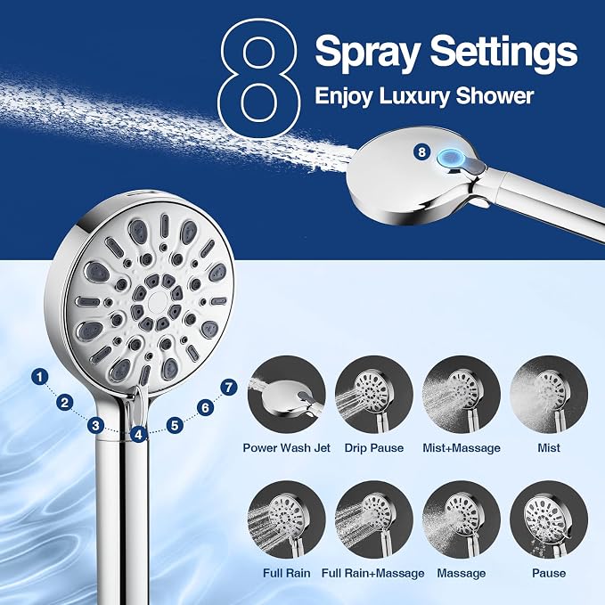 Filtered Shower Head with 8 Spray Modes, High Pressure Handheld Showerhead Filter for Hard Water Filtering Showerhead with Hose(N8HS702CP-NA)