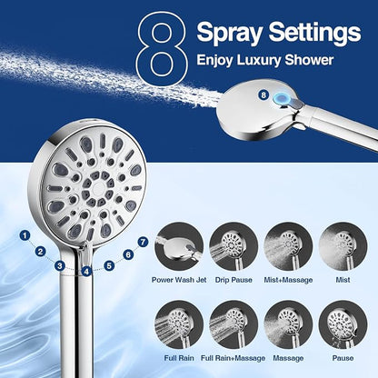 Filtered Shower Head with 8 Spray Modes, High Pressure Handheld Showerhead Filter for Hard Water Filtering Showerhead with Hose(N8HS702CP-NA)