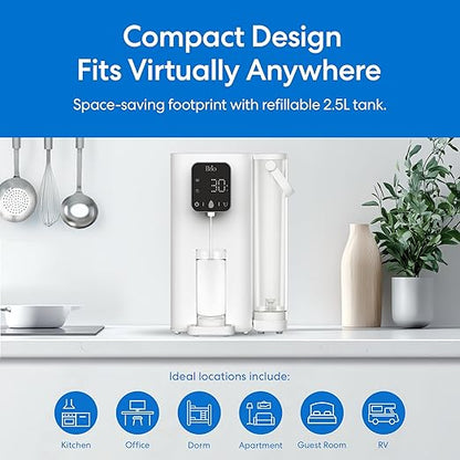 Brio SIMPL W2 Countertop Water Dispenser w/Refillable 2.5L Water Tank, 2-in-1 Sediment & Carbon Filter Included, Room Temp., LED Display w/Touch Buttons, No Plumbing Necessary, White