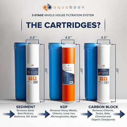 Aquaboon 3-Stage Whole House Water Filter System with 5 Micron 20x4.5 Reducing Sediment and KDF Heavy Metals Water Filter Purification Cartrige, Pressure Gauges, Wrench, Bracket