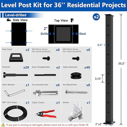 36" Modular 2-8FT Black T304 Cable Railing Post Kit, Complete Cable Railing System with 2 Level Posts & 98ft 1/8" Wire Rope(No Handrail), Adjustable Length Easy DIY for Decks/Porch
