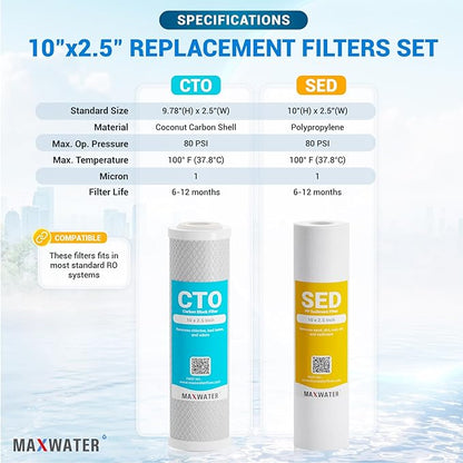 Max Water 5 Micron Replacement Water Filter Set 10” x 2.5” Sediment & Carbon Block (PP + CTO), 12 Pack