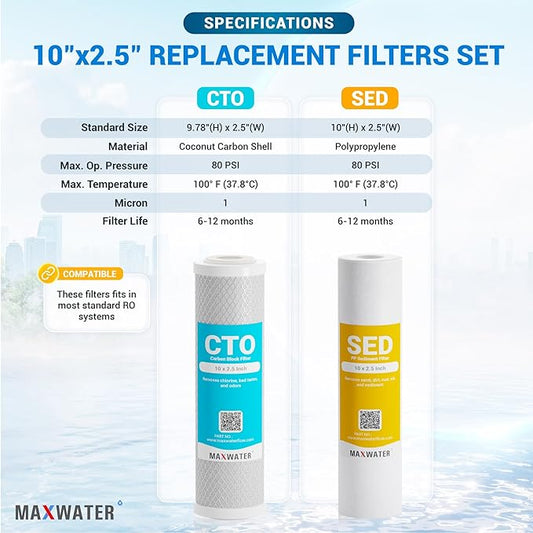 Max Water 5 Micron Replacement Water Filter Set 10” x 2.5” Sediment & Carbon Block (PP + CTO), 12 Pack