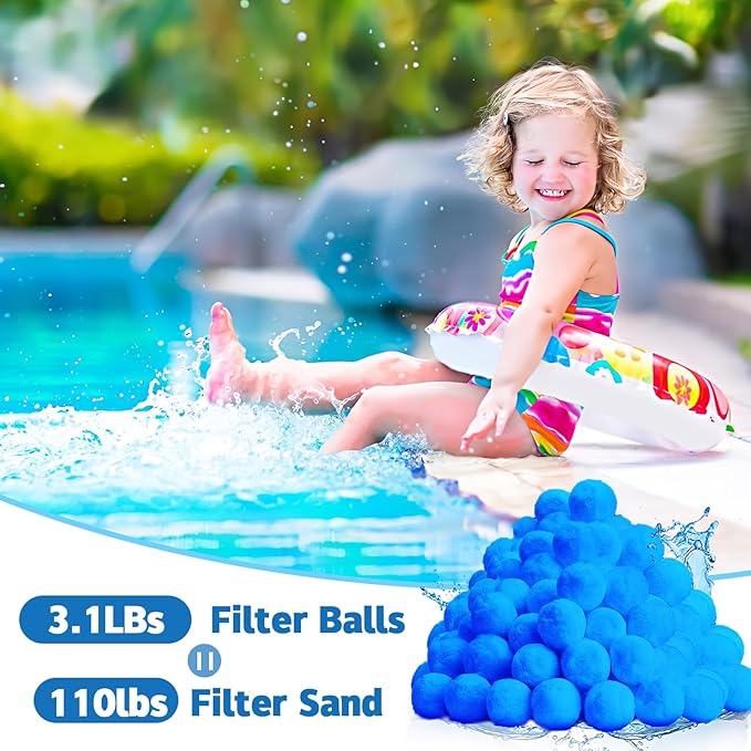 QwayHome 3.1lbs Pool Filter Balls, Reusable Filter Media Balls for Swimming Pool Sand Pump, Efficient Eco-Friendly Fiber Filter Balls, Pool Filter Sand Alternative, Equals 110lbs Filter Sand, Blue