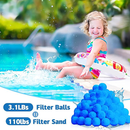 QwayHome 3.1lbs Pool Filter Balls, Reusable Filter Media Balls for Swimming Pool Sand Pump, Efficient Eco-Friendly Fiber Filter Balls, Pool Filter Sand Alternative, Equals 110lbs Filter Sand, Blue