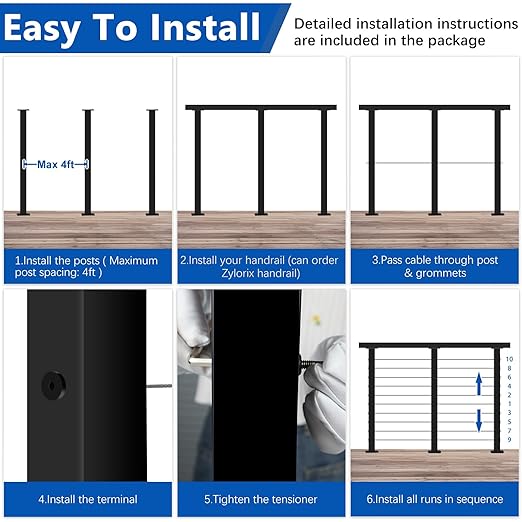 36" Modular 2-8FT Black T304 Cable Railing Post Kit, Complete Cable Railing System with 2 Level Posts & 98ft 1/8" Wire Rope(No Handrail), Adjustable Length Easy DIY for Decks/Porch