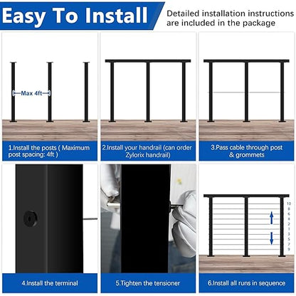 36" Modular 8-12FT Black T304 Cable Railing Post Kit, Complete Cable Railing System with 3 Level Posts & 134ft 1/8" Wire Rope(No Handrail), Adjustable Length Easy DIY for Decks/Porch