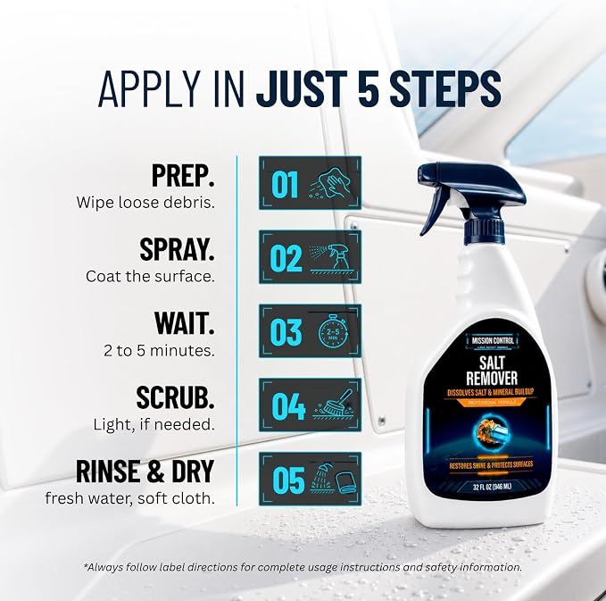 Mission Control 32 oz Salt Remover Spray for Boats, Cars & Pools - Dissolves Salt, Brine, Mineral & Hard Water Buildup on Outdoor Metal & Sealed Floors - Saltwater Residue Cleaner