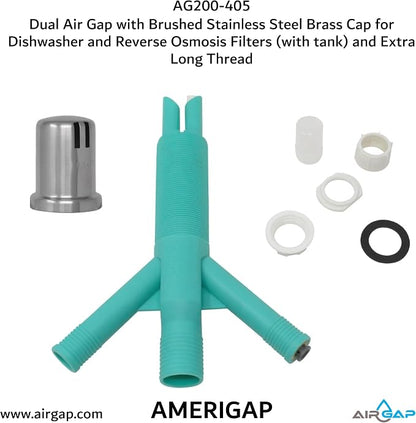 Dual Air Gap with Brushed Stainless Steel Brass Cap for Dishwasher and Reverse Osmosis Filters (with tank) and Extra Long Thread (AG200-405, AG200-X05, AMERIGAP)
