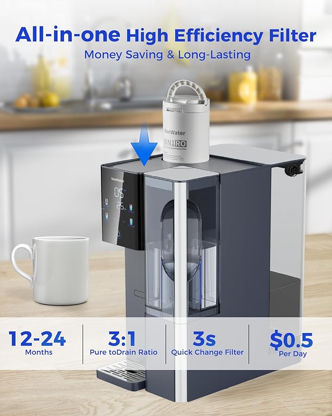 CT910 Countertop Reverse Osmosis Water Filter System with Removable Pure Water Pitcher-41oz, 7-Stage RO Water Filtration System, NSF/ANSI 372, Reduce TDS PFAS, No Installation