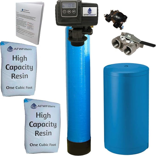 AFWFilters 2 cubic Foot (64k) Whole Home Water Softener with High Capacity Resin, 1" Stainless Steel FNPT Connection, and Blue Tanks