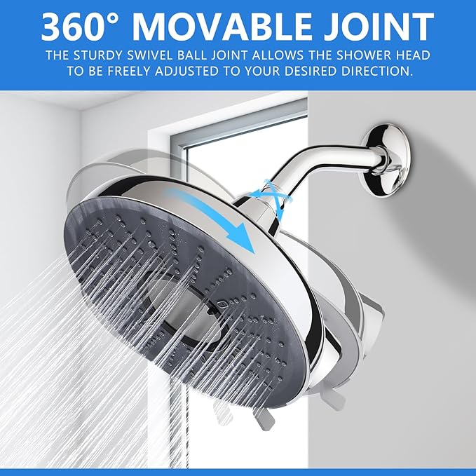 Filtered Shower Head, 8 Inch High Pressure Rainfall Showerhead and 15 Stage Shower Filter Combo for Hard Water, 360° Adjustable Swivel, 3 Spray Modes (Chrome)