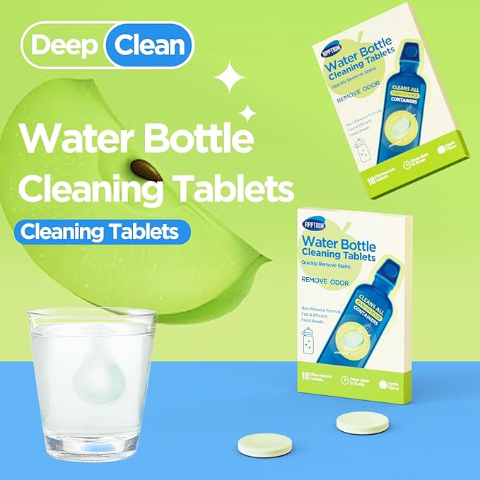 Water Bottle Cleaning Tablets, 18 Pack Bottle Clean Tablet Hydration Bladder Cleansing Tablets for Hydration Bladder, Water Bottle, Individually Packed, Apple Flavor