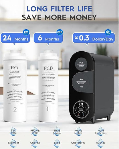 TJN 600G RO Water Purifier，FCC & UL 979 Certification. 600G High Flow (1.5L/min), Dual RO+PCB Filters. Reduces TDS & PFAS, 2:1 Pure-to-Drain Ratio. Includes Faucet & Tubing, Under Sink Installation
