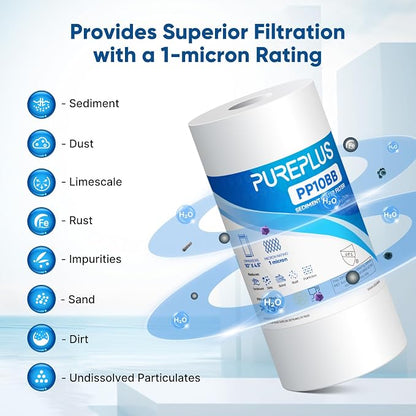 PUREPLUS 1 Micron 10" x 4.5" Whole House Sediment Home Water Filter Replacement Cartridge for RFC-BBSA, HD-950, WFHD13001B, W15-PR, GXWH30C, GXWH35F, AP817, PP10BB, 3PACK