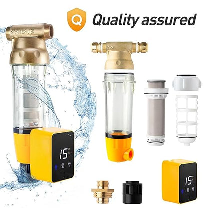 iSpring WSP50ARB Spin Down Sediment Water Filter, Reusable with Touch-Screen Auto Flushing Module and Built-in Housing Scraper, Brass Top Clear Housing, 50 Micron