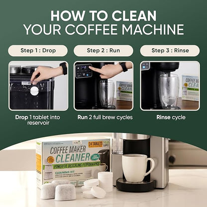 Coffee Maker Cleaner Tablets – 24 Count, Descaling Tablets for Keurig and Breville Machines – Includes 6 Water Filter Cartridges – Deep Cleaning Descaler Tab for Espresso & Single-Serve Coffee Makers
