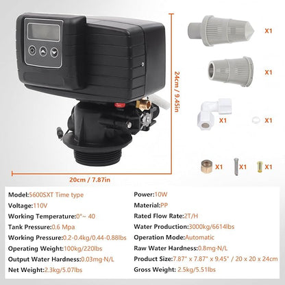 Whole House Water Softener Valve 48,000 Grains - High Performance Automatic Digital Metered Control Head,Reduces Hardness & Minerals - Improve Water Quality - for 1-2 bathrooms