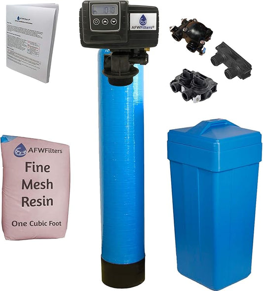 AFWFilters 1 Cubic Foot (32k) Whole Home Iron Pro Water Softener with Fine Mesh Resin, 3/4" Plastic MNPT Connection, and Blue Tanks