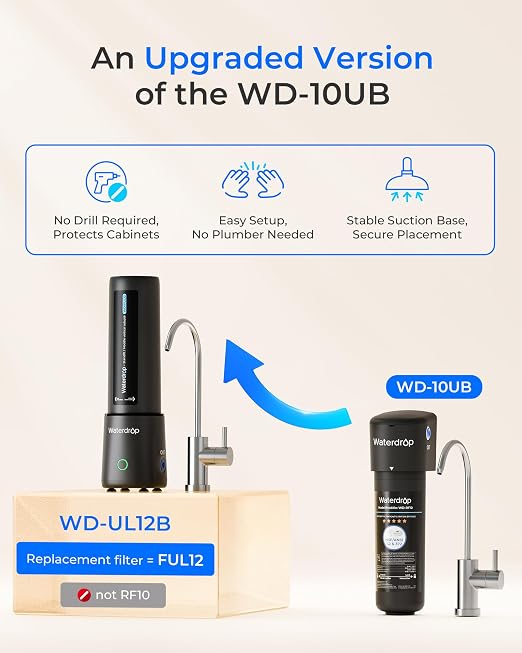 Waterdrop UL12B Under Sink Water Filter, Upgraded for 10UB, Time Reminder | No Drill Required for Renters, with Brushed Nickel Faucet, Reduces Chlorine, Bad Taste & Odor, 1 Year (Filter: FUL12)