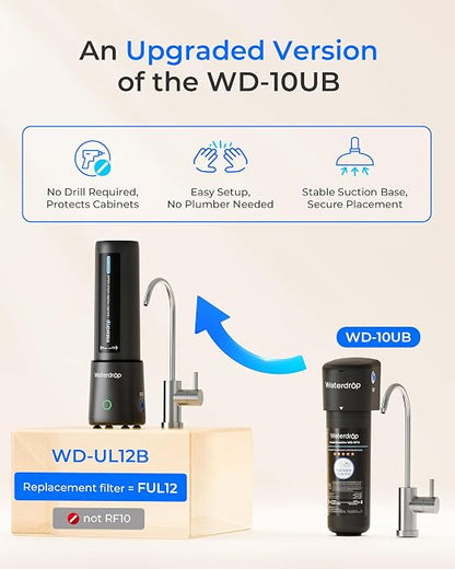 Waterdrop UL12B Under Sink Water Filter, Upgraded for 10UB, Time Reminder | No Drill Required for Renters, with Brushed Nickel Faucet, Reduces Chlorine, Bad Taste & Odor, 1 Year (Filter: FUL12)