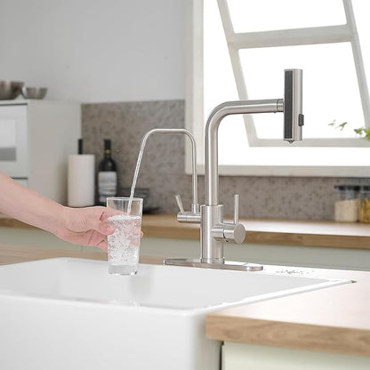 Kitchen Faucets with Water Filter and Pull Down Sprayer,Waterfall Kitchen Sink Faucet,Two Handle Sink Faucet with Pull Down Sprayer for 3 Function,Without Water Filtration Device,Brushed