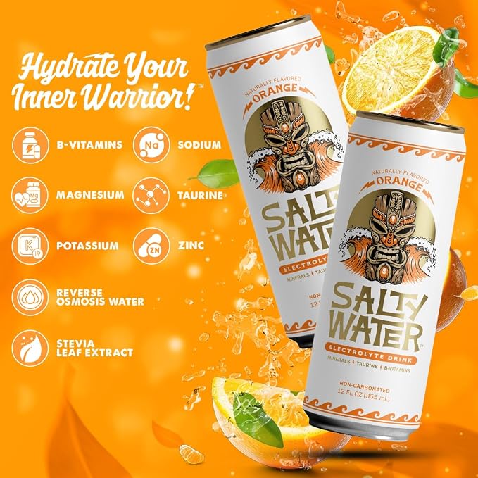 SaltyWater Electrolyte Drink, Orange – Zero Sugar Premium Hydration Drink, 10 Calories, Minerals, Taurine, B-Vitamins, Non-Carbonated - Zero Caffeine Electrolyte Sports Drink - Gluten Free - 12 Pack (12 oz)
