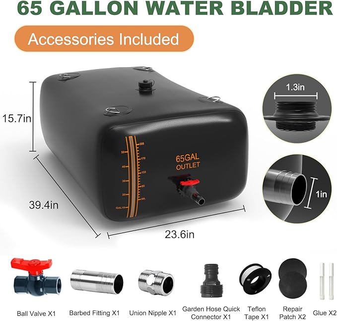65 Gallon Water Bladder, 1000D PVC Foldable Portable Water Tank, Black Large Capacity Water Bag Container for Garden, Drought Resistance, Fire Prevention, Emergency Supply