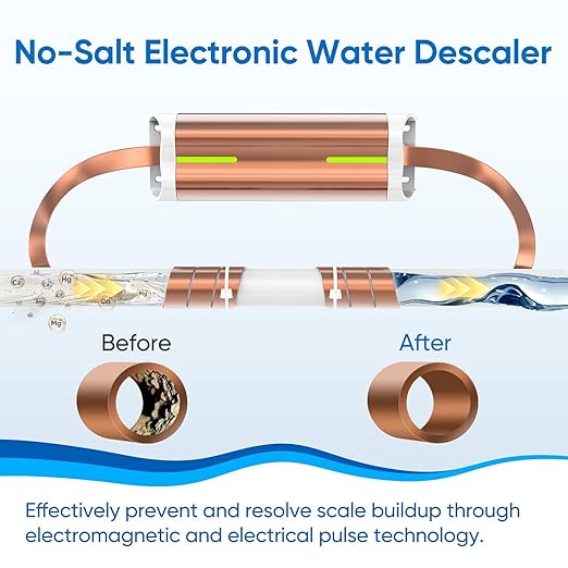 Electronic Water Descaler System for Whole House, Salt-Free Water Softener - Compatible with Most Pipes, Prevents Limescale Build-Up, Easy Install & Maintenance-Free