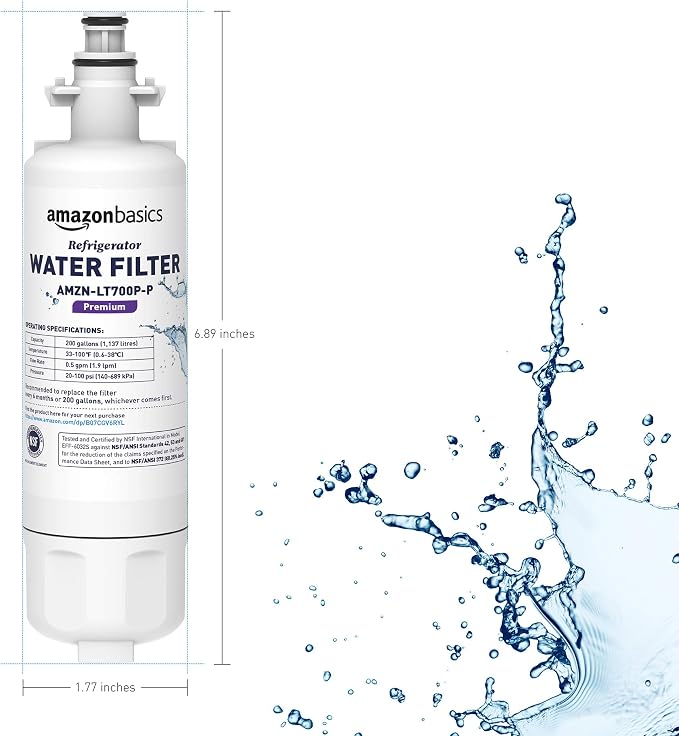 Amazon Basics Replacement LG LT700P Refrigerator Water Filter Cartridge, NSF Certified, Easy Install, Leak-Proof, 3-Pack
