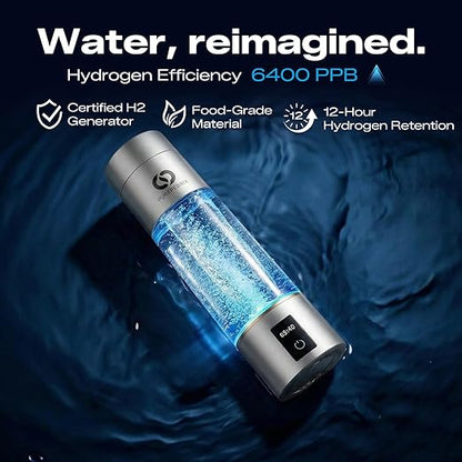 PUREPEBRIX Hydrogen Water Bottle Generator - Up to 6400 PPB, 12-Hour Hydrogen Retention, H2 Certified SPE/PEM Tech, Portable, Recovery & Thoughtful Wellness Gift (Sliver)