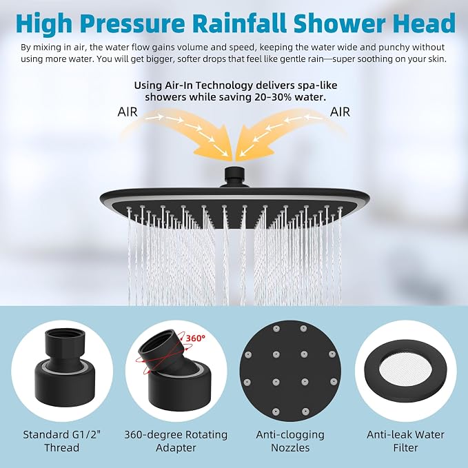 iFealClear Filtered Rain Shower Head with 12" Shower Extension Arm, 10" High-Pressure Boosting Rainfall Showerhead, Metal Shower Head Extender Adjustable Height/Angle, Easy to Install, Matte Black
