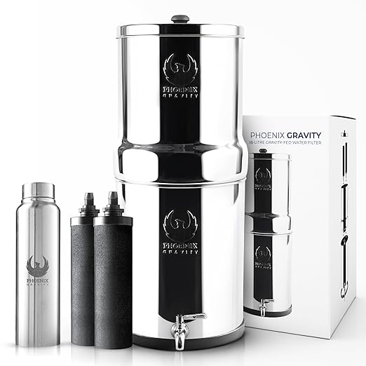 Phoenix Gravity - 4.25 G Gravity Water Filter System AISI 304 Stainless Steel Gravity Fed Water Filter System NSF/ANSI 42 & 372 Certified 2 Carbon Filter Elements & Free Stainless Steel Water Spigot
