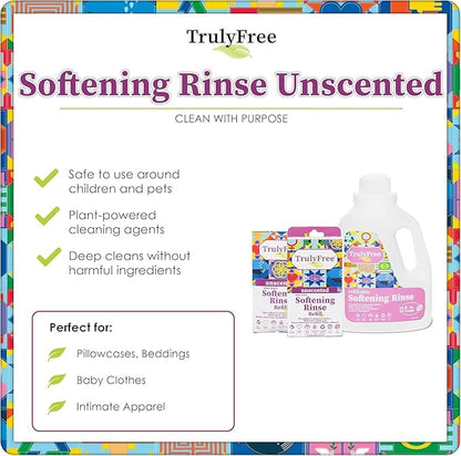 Truly Free Natural Fabric Softener | Non-Toxic for Babies & Kids Sensitive Skin | Plant-Based Laundry Softening Conditioner | Safe, Gentle & Chemical-Free | Unscented | 4 Pack Refill