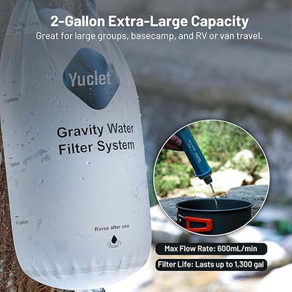 Yuclet Gravity Water Filter System w/ 2-Gal Bag & 0.1-Micron Water Filter Straw, Gravity-Fed Water Filtration System Water Purifier Survival for Camping, Backpacking, Hiking & Emergency Preparedness