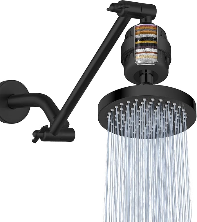 Filtered Shower Head with Extension Arm, High Pressure Rain Showerhead Filter Set for Hard Water Removes Chlorine and Harmful Substances (Matte Black)