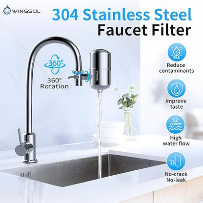 WINGSOL Stainless Steel Water Filter for Sink Faucet, NSF/ANSI 42&53, 360° Rotating Tap Purifier Reduce PFAS, Lead, Chlorine & Microplastics, 350 Gallons Long-Lasting Reinforced Housing Built-to-Last