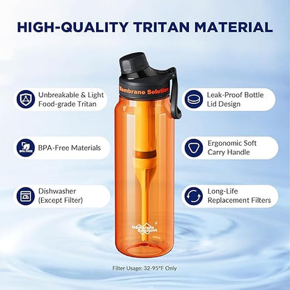 Filtered Water Bottle, Membrane Solutions C3 Water Bottle Filter with Replaceable ACFX2 Filter Cartridge, Portable Water Filter 36oz BPA-Free for Travel, Hiking & Camping Drinking use(Orange)