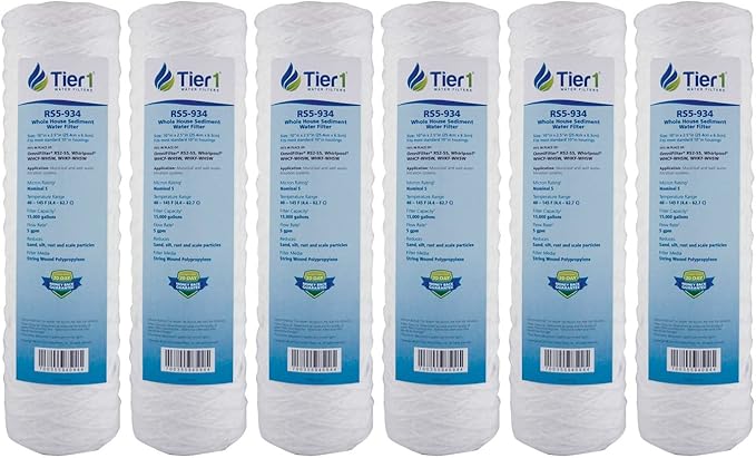 Tier1 5 Micron 10 x 2.5 Water Filter | String Wound Polypropylene Whole House Fine Sediment Filter Cartridge | Replacement for Pentek WP-5, OmniFilter RS2-SS, WHCF-WHSW | 2.5 x 10 Water Filter (6pk)