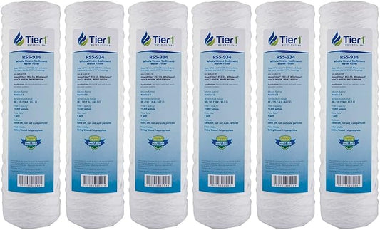 Tier1 5 Micron 10 x 2.5 Water Filter | String Wound Polypropylene Whole House Fine Sediment Filter Cartridge | Replacement for Pentek WP-5, OmniFilter RS2-SS, WHCF-WHSW | 2.5 x 10 Water Filter (6pk)