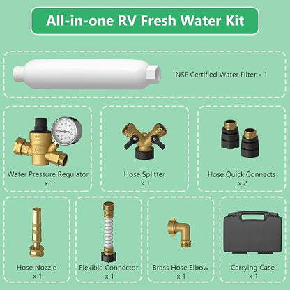 KORVOS All in One Fresh Water Kit, RV Water Pressure Regulator, Inline Water Filter, Hose Splitter, Brass Elbow, Flexible Connector, Hose Quick Connects, Leak Repair Kit, and Carrying Case