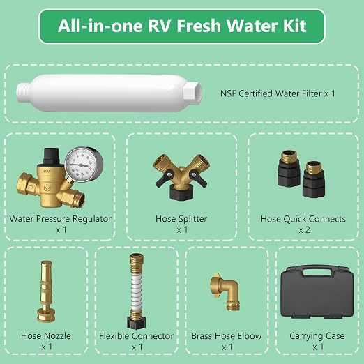 KORVOS All in One Fresh Water Kit, RV Water Pressure Regulator, Inline Water Filter, Hose Splitter, Brass Elbow, Flexible Connector, Hose Quick Connects, Leak Repair Kit, and Carrying Case