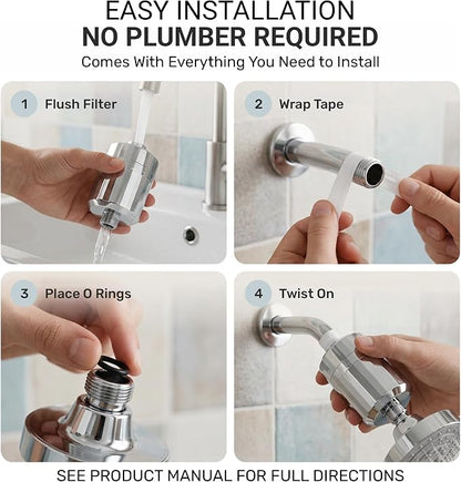 Everglow 15-Stage High Output Shower Filter Head for Hard Water | Water Softener System Helps Improve Hair, Skin, Nails, Vitamin C Infused for Eczema, Dandruff, 100% Chlorine Removal